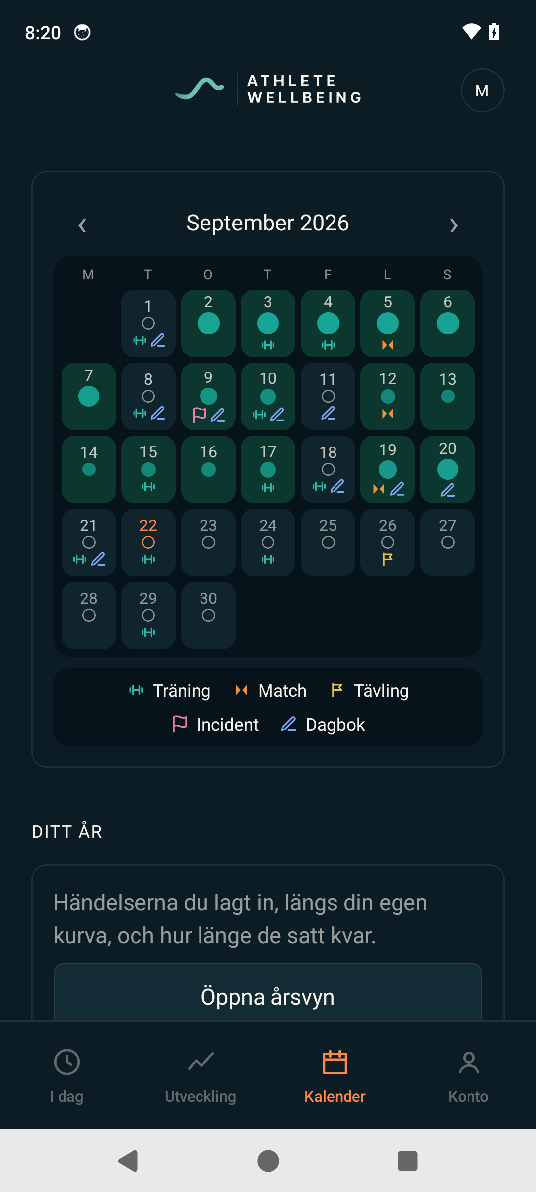 Appen, kalendern med svarade dagar, träningar, matcher och dagbok.