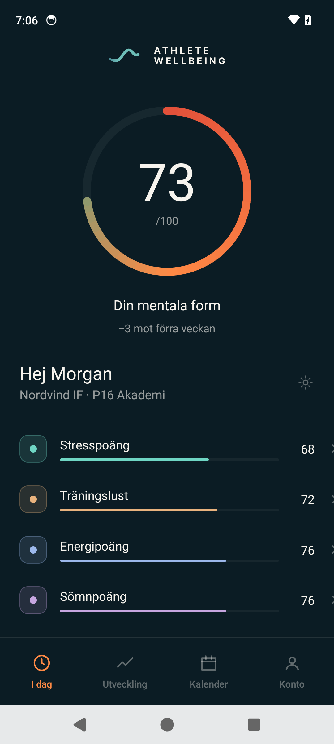 Appen, startsidan med veckans mående som ett tal och fyra rader.